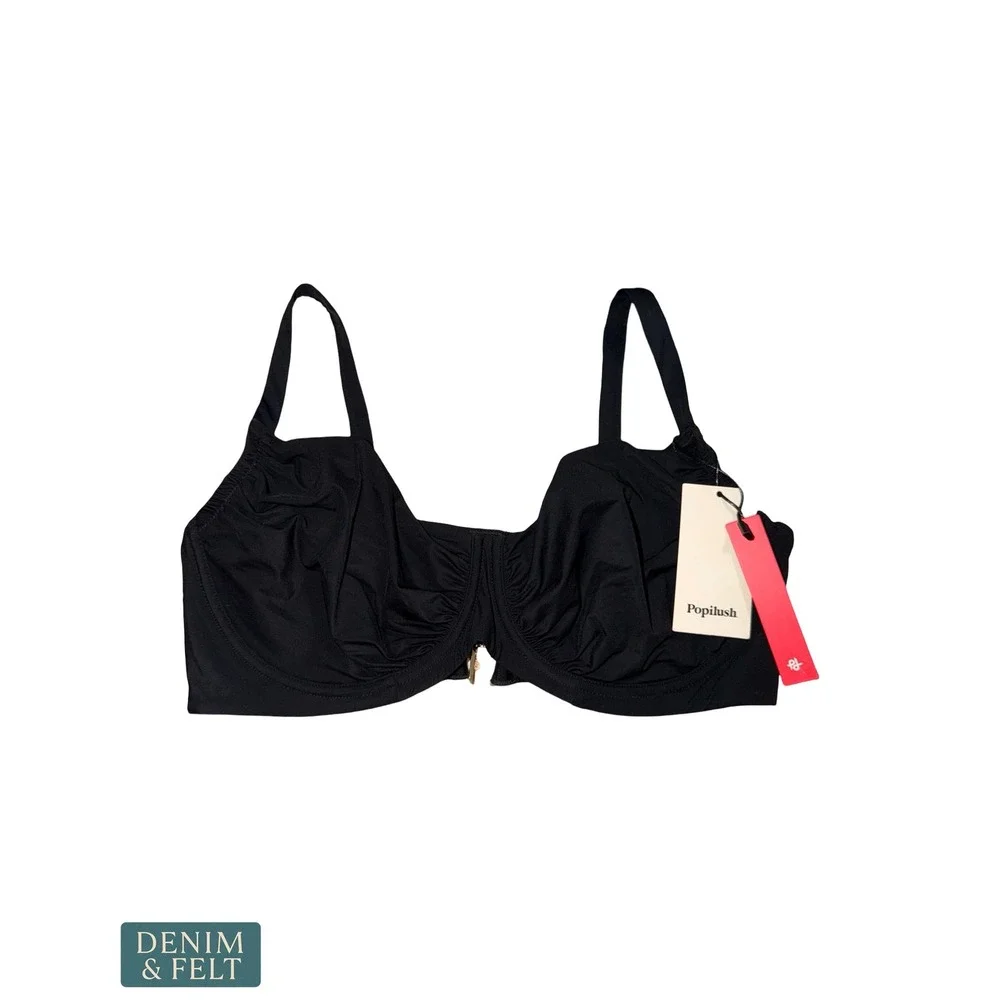 NEW Popilush Shapewear Ruched Underwire Bikini Top Black Large Swimwear